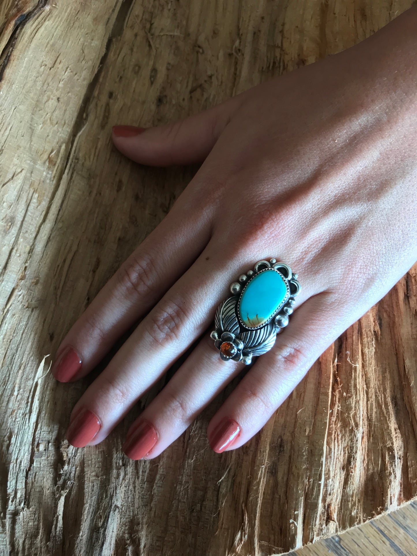 Kings Manassa Turquoise Ring with an Amber Wildflower~ Sterling Silver~ Artisan Handmade~ Size 7