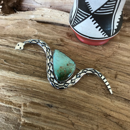 DESERT TRAVELER~ Royston Turquoise Rattlesnake Pin~ Sterling Silver~ Artisan Handmade