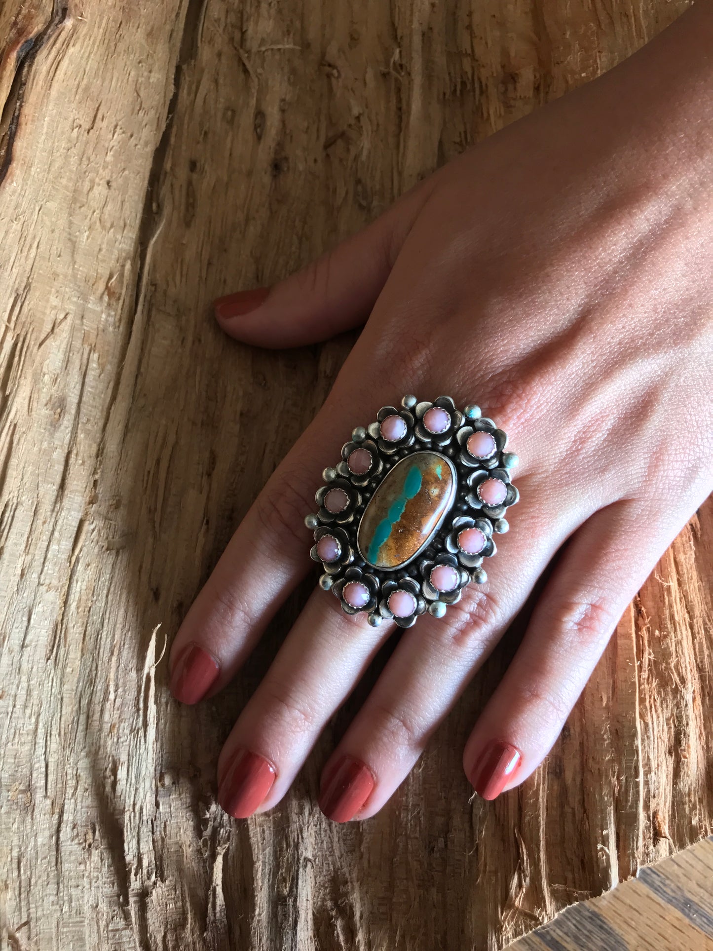 FLORA de SANTA FE Ring~Sterling Silver~ Royston Ribbon Turquoise and Pink Opal~ Artisan Handmade~ Size 8