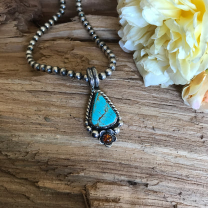 Kings Manassa Turquoise Pendant with an Amber Wildflower~ Sterling Silver~ Artisan Handmade