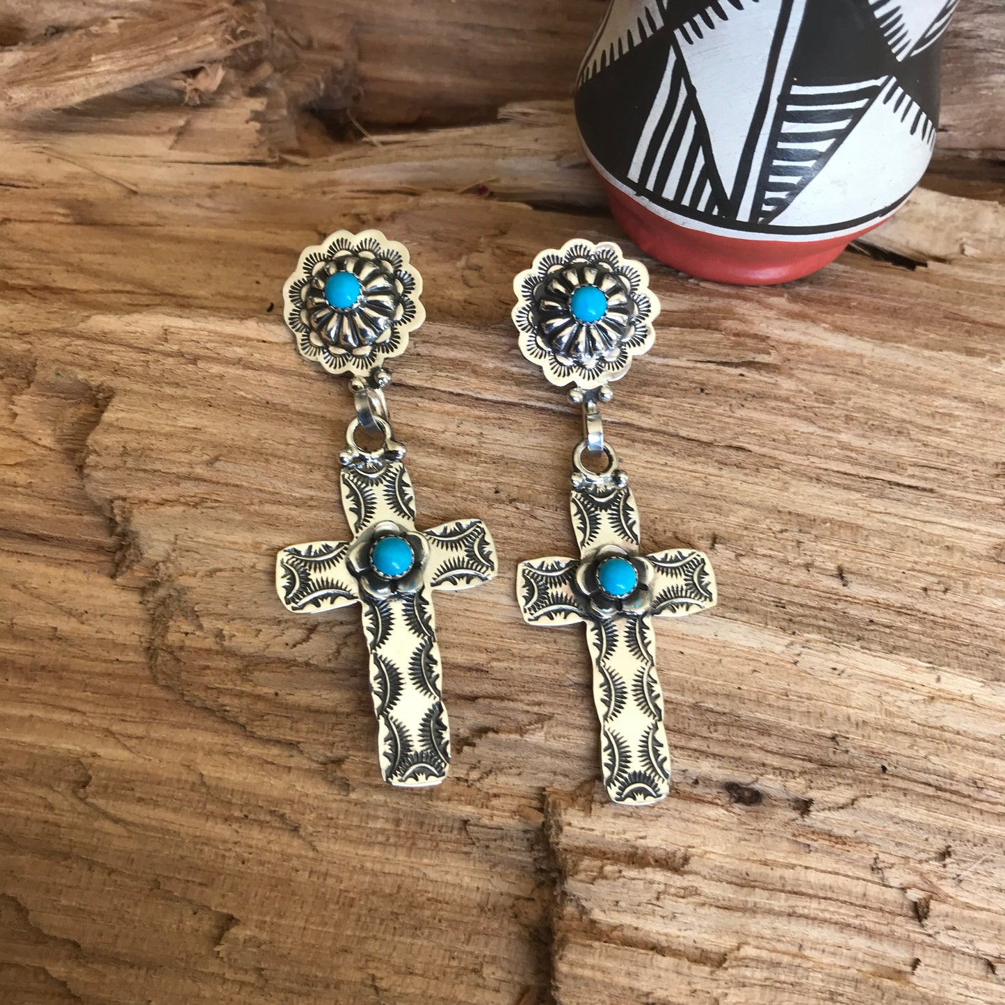 Flora Cross Sleeping Beauty Turquoise Repousse earrings~ Sterling Silver~ Artisan Handmade