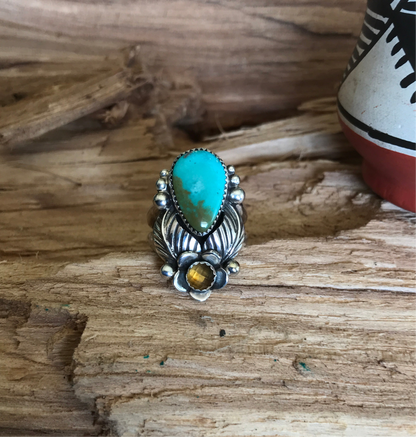 Royston Turquoise Ring with a Citrine Wildflower~ Sterling Silver~ Artisan Handmade~ Size 6 1/2