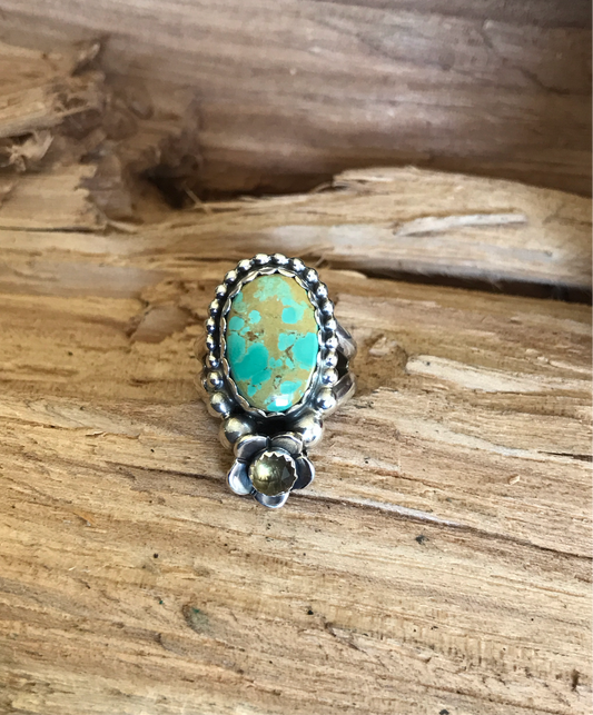 Royston Turquoise Ring with Citrine Wildflowers~ Sterling Silver~ Artisan Handmade~ Size 7 1/2