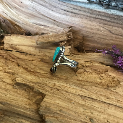 Kings Manassa Turquoise Ring with an Amber Wildflower~ Sterling Silver~ Artisan Handmade~ Size 7 3/4