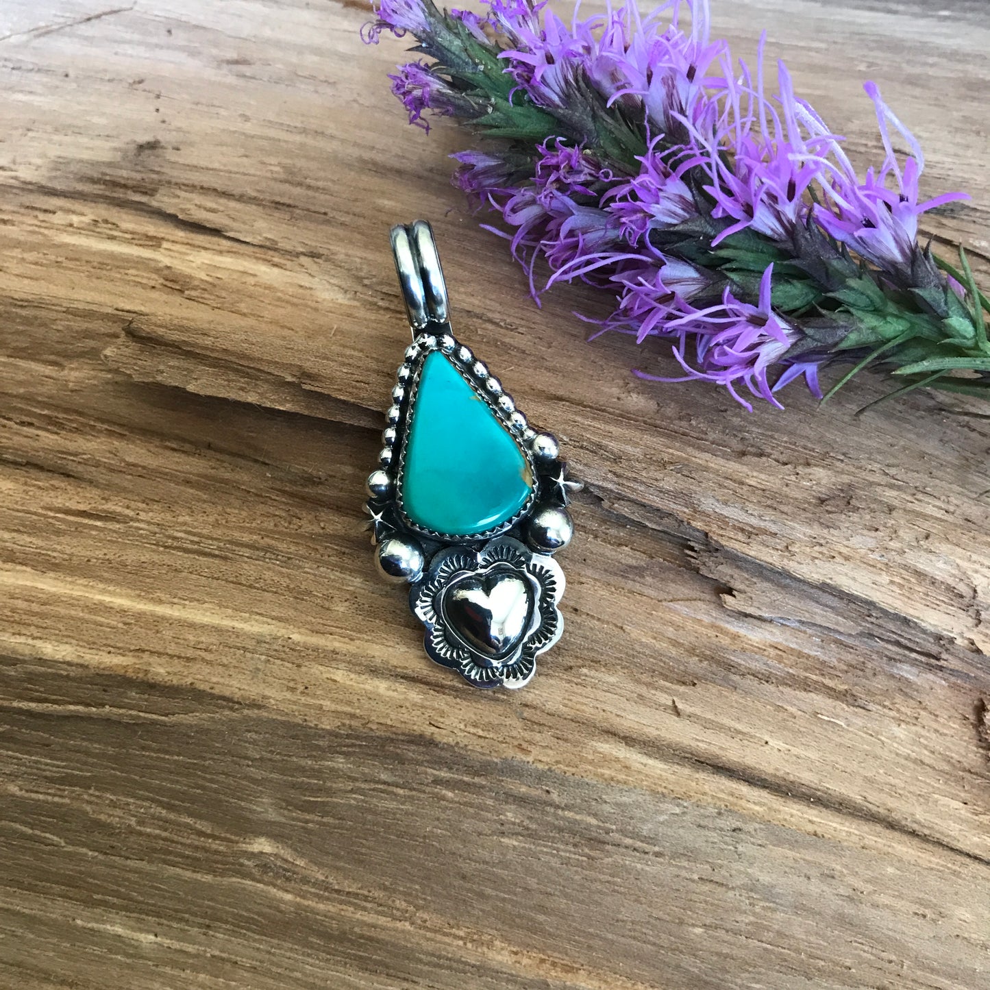 Kings Manassa Turquoise Pendant with a Heart Repousse~ Sterling Silver~ Artisan Handmade