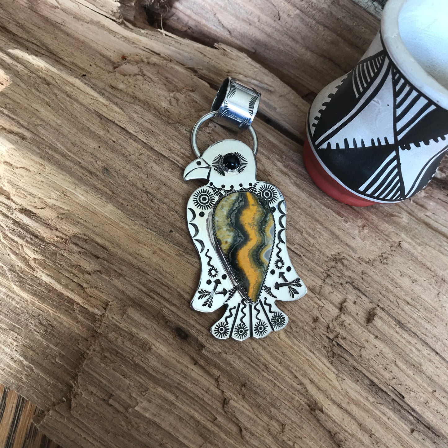 Thunderbird pendant Bumblebee Jasper~ Sterling Silver~ large pendant~ Artisan Handmade