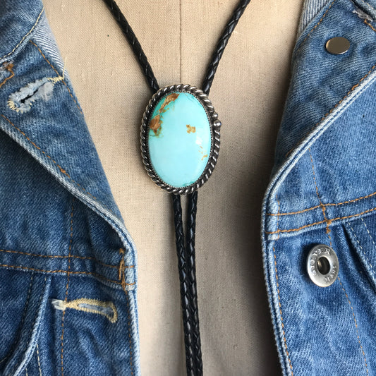 Pilot Mountain Turquoise Bolo Tie~ Sterling Silver~ real leather cord