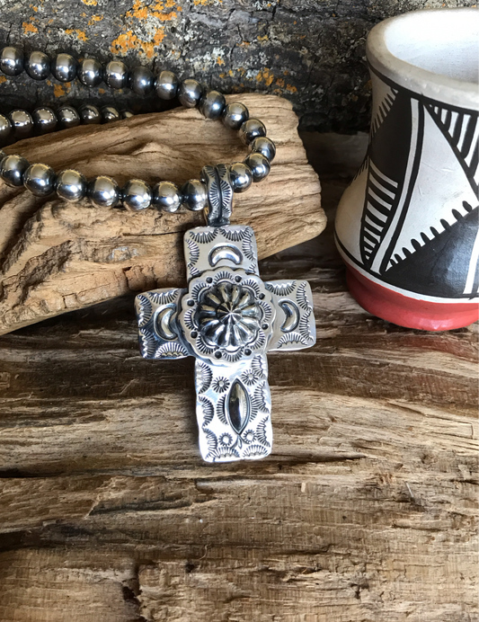 Cross Pendant~Sterling Silver~ Repousse Concho~ Artisan Handmade