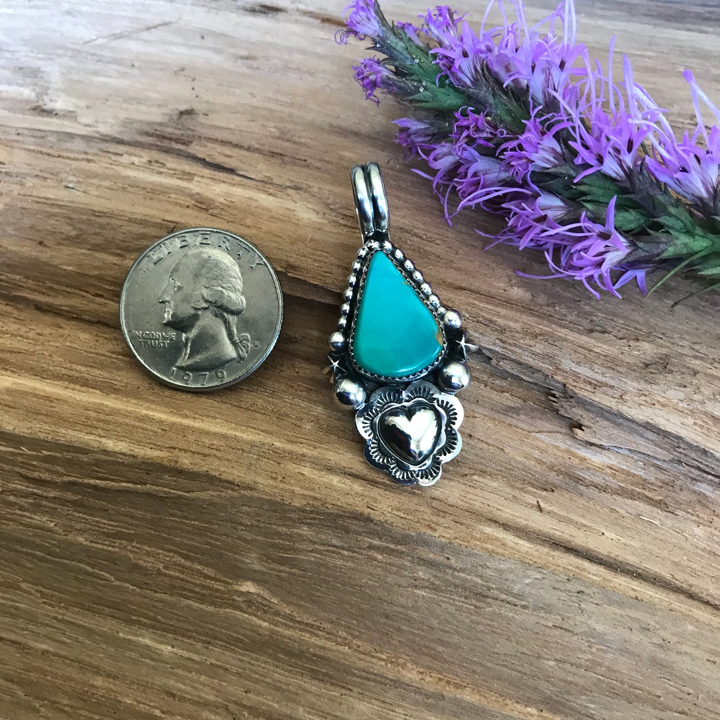 Kings Manassa Turquoise Pendant with a Heart Repousse~ Sterling Silver~ Artisan Handmade