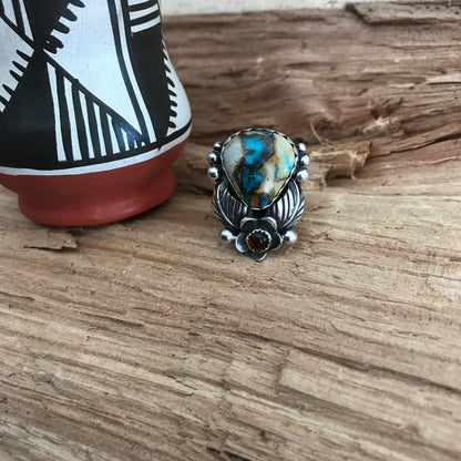 Royston Ribbon Turquoise Ring with an Amber Wildflower~ Sterling Silver~ Artisan Handmade~ Size 5 1/2