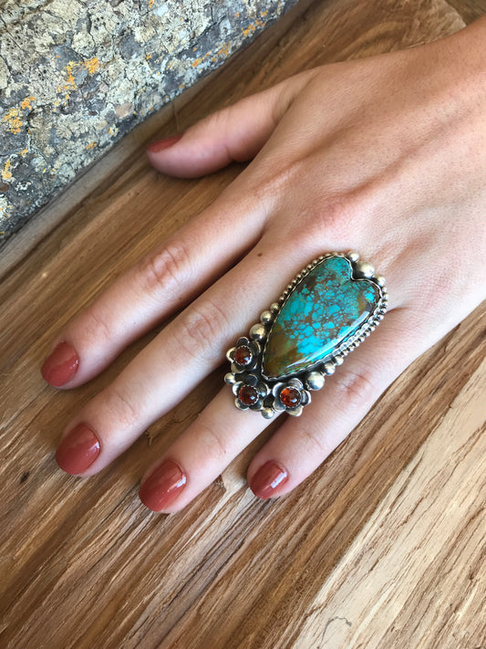 Kingman Turquoise Heart Ring with Amber Wildflowers~ Sterling Silver~ Artisan Handmade~ Size 7