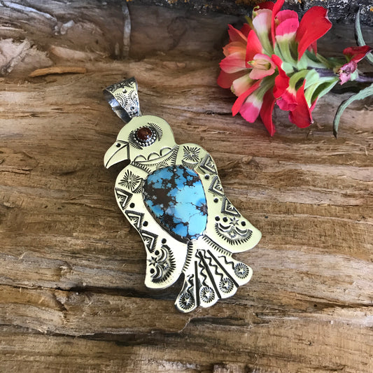 Golden Hills Turquoise. Thunderbird pendant~ Sterling Silver~ large pendant~ Artisan Handmade