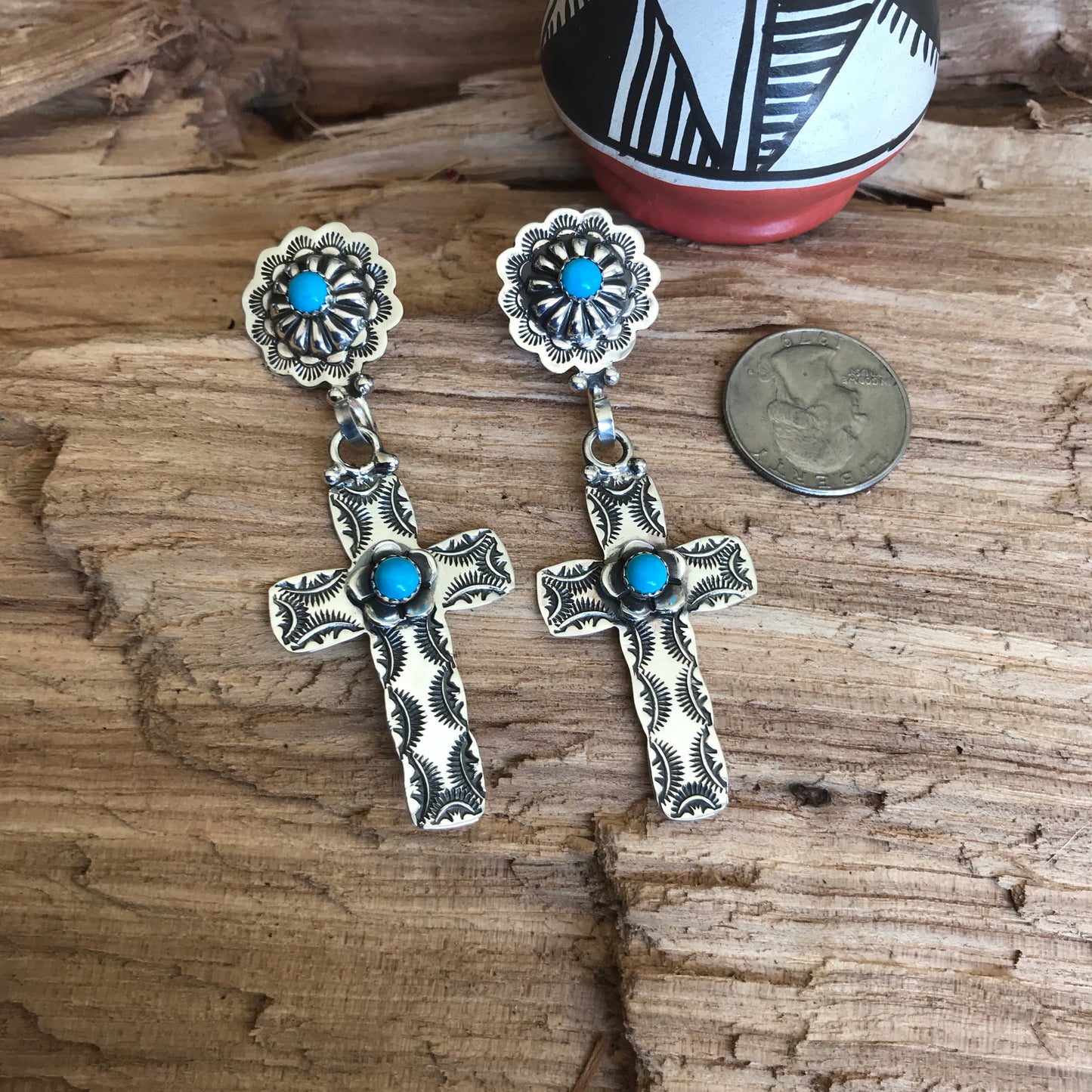 Flora Cross Sleeping Beauty Turquoise Repousse earrings~ Sterling Silver~ Artisan Handmade