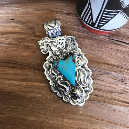 SPIRIT PONY Repousse pendant with #8 Turquoise~ Sterling Silver~ Large pendant~ Artisan Handmade