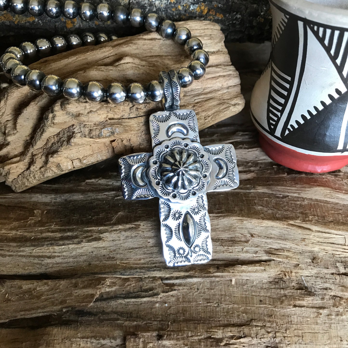 Cross Pendant~Sterling Silver~ Repousse Concho~ Artisan Handmade