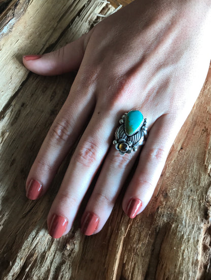 Royston Turquoise Ring with a Citrine Wildflower~ Sterling Silver~ Artisan Handmade~ Size 6 1/2