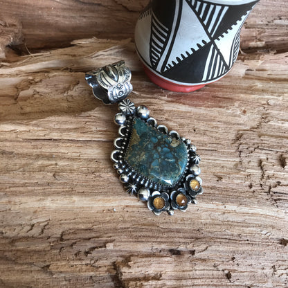 7 Dwarfs Turquoise Pendant with Citrine Wildflowers ~ Sterling Silver~ Artisan Handmade