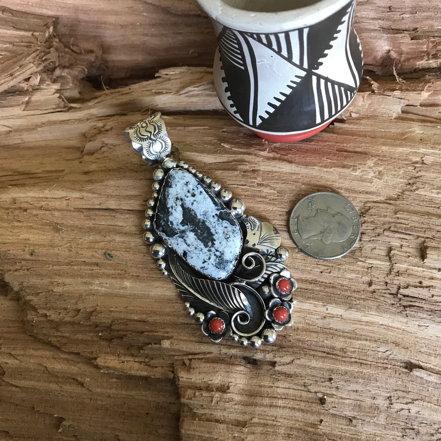 White Buffalo Turquoise pendant with Red Coral~ Sterling Silver~ large pendant~ Artisan Handmade