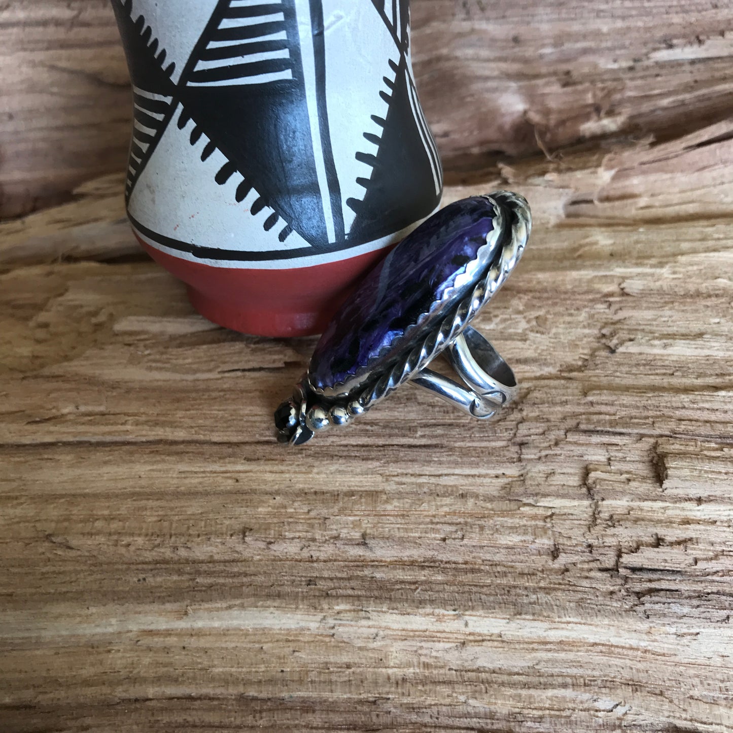 Charoite and Black Onyx Ring~Sterling Silver~ Artisan Handmade~ Size 8 1/2