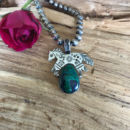 SPIRIT PONY pendant with Azurite Malachite~Sterling Silver~ Artisan Handmade~ 1063
