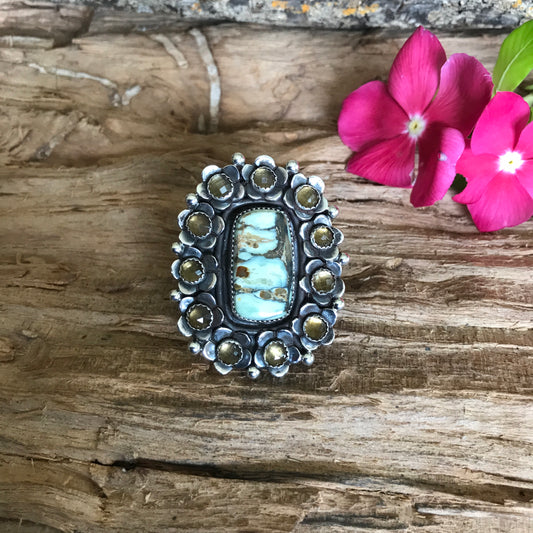 FLORA de SANTA FE ~ 7 Dwarfs Turquoise ring with Citrine Wildflowers ~ Sterling Silver~ Artisan Handmade ~ size 10 1/2