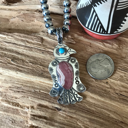 Rhodochrosite Thunderbird pendant~ Sterling Silver~ Medium pendant~ Artisan Handmade