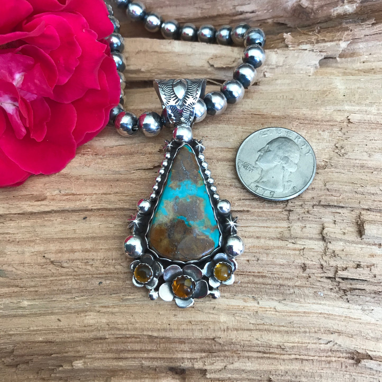 Royston Turquoise Pendant with Amber Wildflowers~ Sterling Silver~ Artisan Handmade