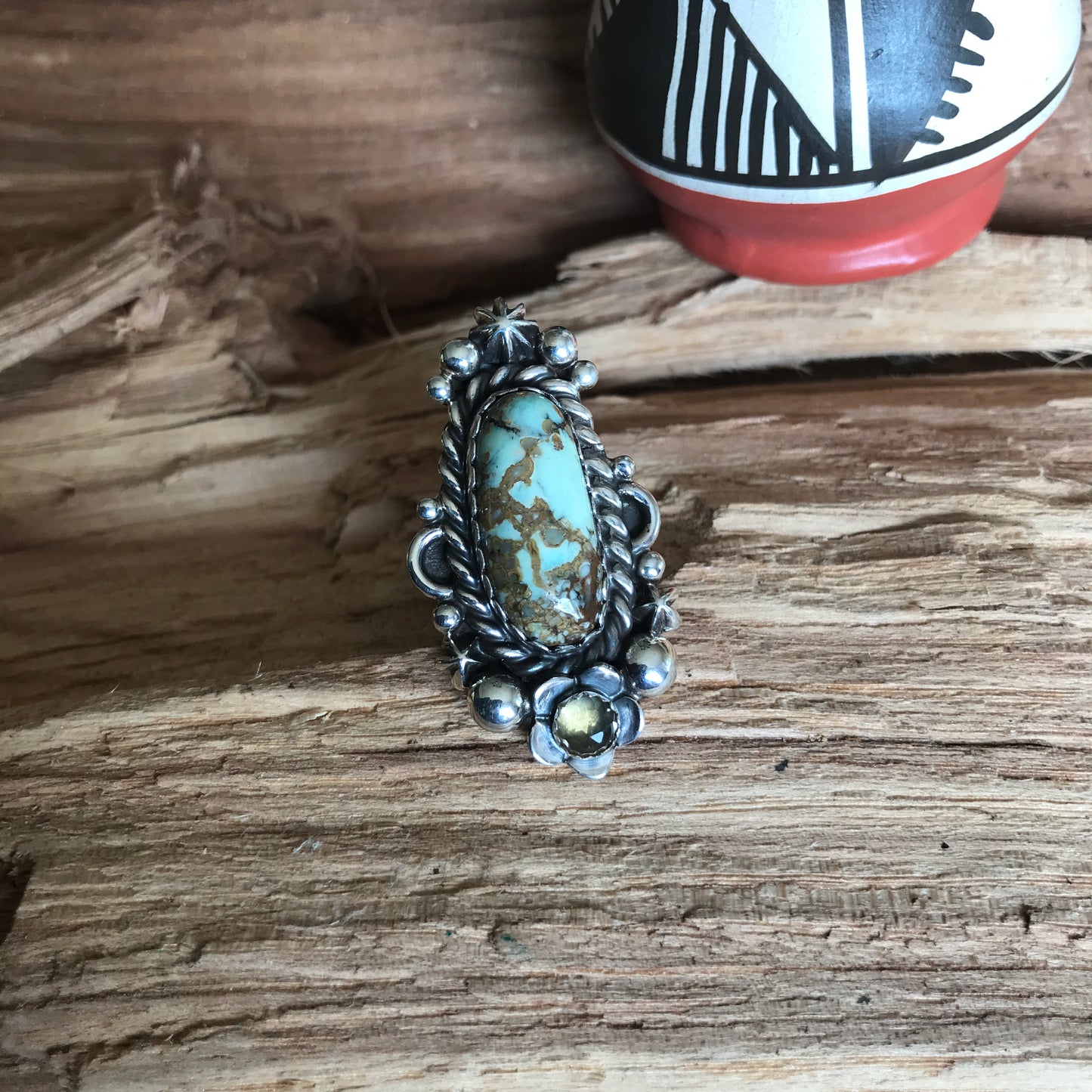 7 Dwarfs Turquoise ring with Citrine Wildflowers ~ Sterling Silver~ Artisan Handmade~ size 6