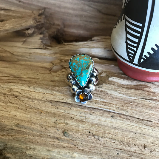 Kings Manassa Turquoise Ring with an Amber Wildflower~ Sterling Silver~ Artisan Handmade~ Size 7