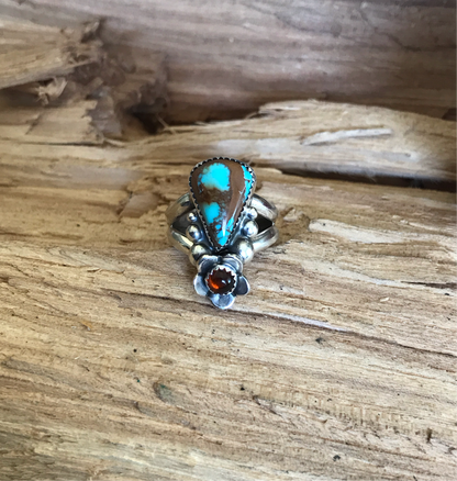 Kings Manassa Turquoise Ring with an Amber Wildflower~ Sterling Silver~ Artisan Handmade~ Size 8