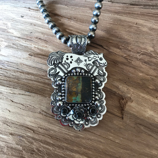 SPIRIT PONY pendant with Black Jack Turquoise~ Sterling Silver~ large pendant~ Artisan Handmade