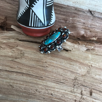 FLORA de SANTA FE Ring~Sterling Silver~ Kings Manassa Turquoise and Amber~ Artisan Handmade~ Size 6