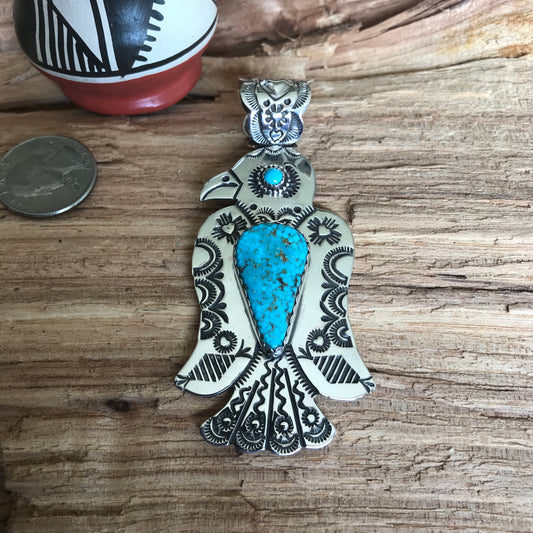 Kingman High Grade Turquoise~ Thunderbird pendant~ Sterling Silver~ large pendant~ Artisan Handmade