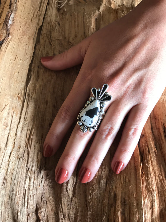 White Buffalo~ Tail of The Thunderbird Ring~Sterling Silver~ Artisan Handmade~ Size 7 1/2