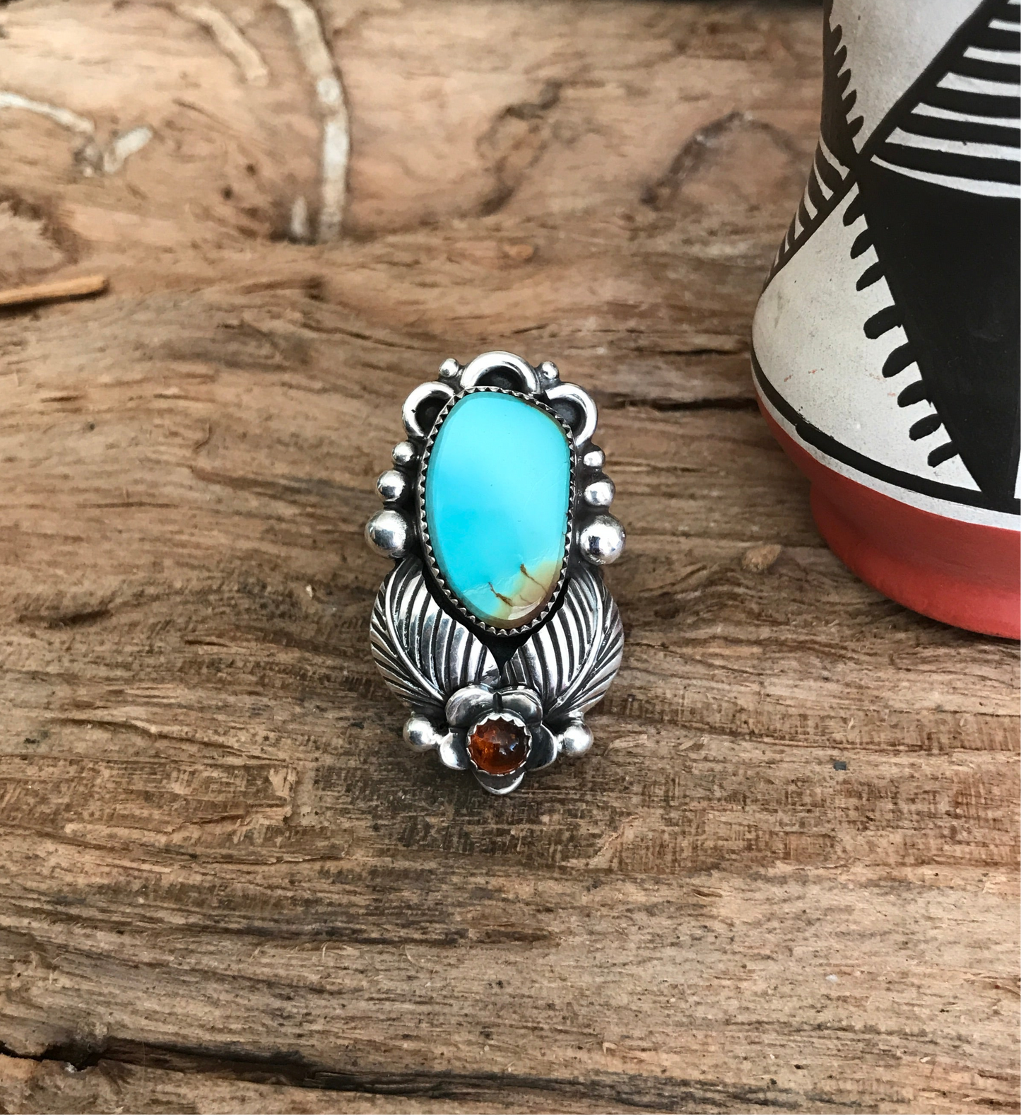 Kings Manassa Turquoise Ring with an Amber Wildflower~ Sterling Silver~ Artisan Handmade~ Size 7