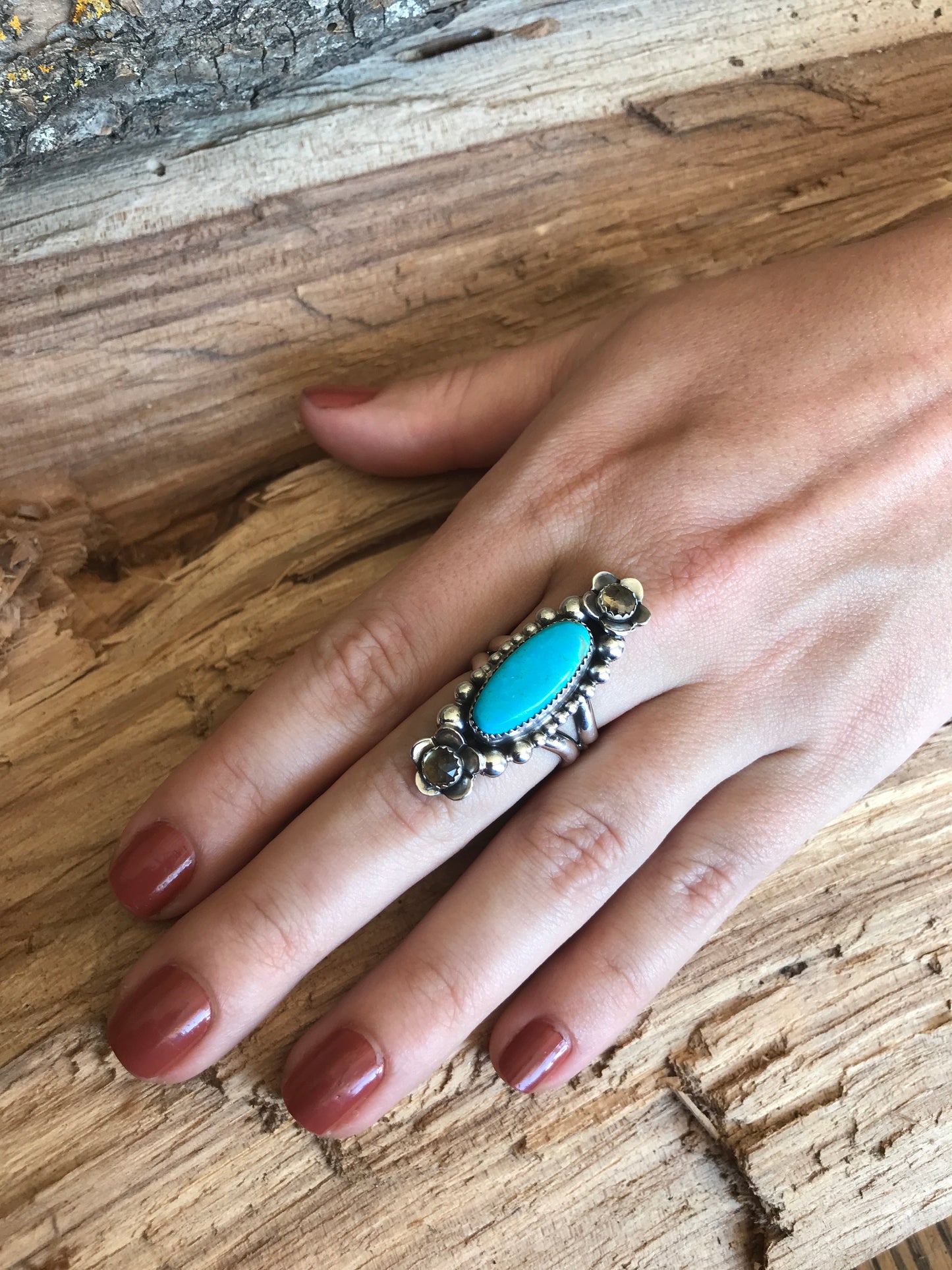 Kings Manassa Turquoise Ring with Citrine Wildflowers~ Sterling Silver~ Artisan Handmade~ Size 7 3/4