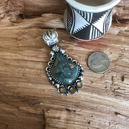 7 Dwarfs Turquoise Pendant with Citrine Wildflowers ~ Sterling Silver~ Artisan Handmade