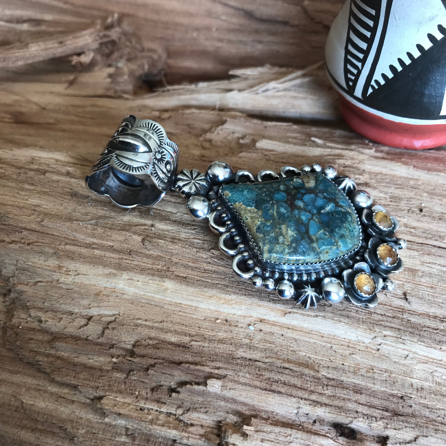 7 Dwarfs Turquoise Pendant with Citrine Wildflowers ~ Sterling Silver~ Artisan Handmade