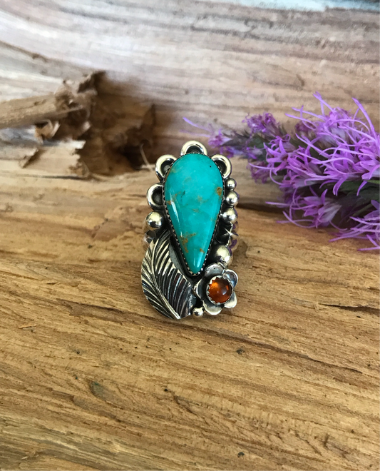 Kings Manassa Turquoise Ring with an Amber Wildflower~ Sterling Silver~ Artisan Handmade~ Size 8 1/4