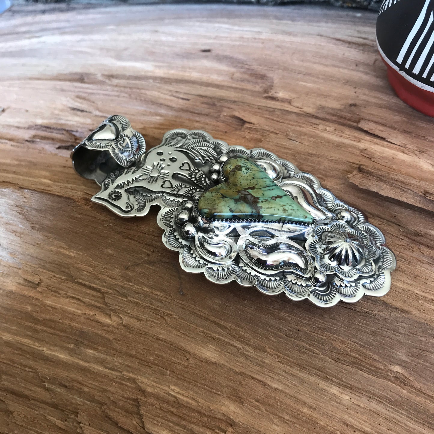 SPIRIT PONY Repousse pendant with Green Turquoise~ Sterling Silver~ Large pendant~ Artisan Handmade