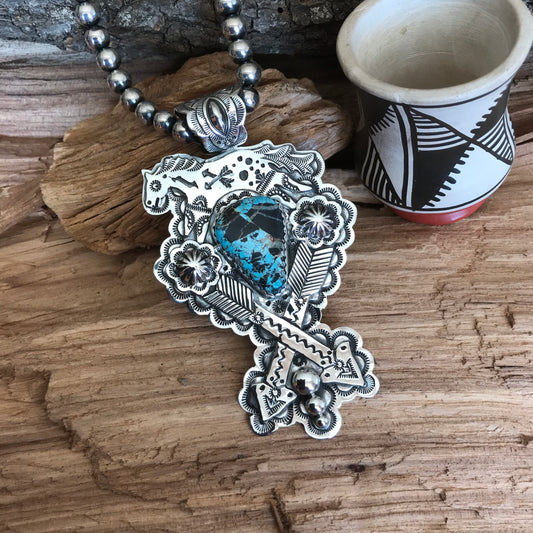 SPIRIT PONY CROSSED ARROWS pendant with Blue Moon Turquoise~ Sterling Silver~ Huge pendant~ Artisan Handmade