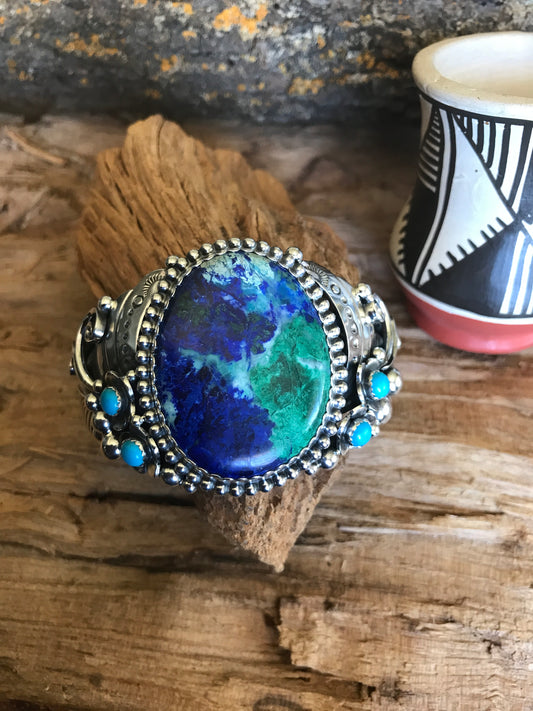 Bluebird Azurite cuff Bracelet with Sleeping Beauty Wildflowers~ Sterling Silver~ Artisan Handmade