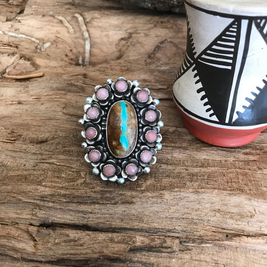 FLORA de SANTA FE Ring~Sterling Silver~ Royston Ribbon Turquoise and Pink Opal~ Artisan Handmade~ Size 8