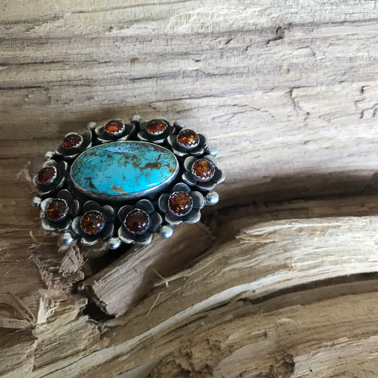 FLORA de SANTA FE ~ROYSTON Turquoise ring with Amber Wildflowers ~ Sterling Silver~size 9 ~ 1202
