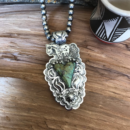 SPIRIT PONY Repousse pendant with Green Turquoise~ Sterling Silver~ Large pendant~ Artisan Handmade