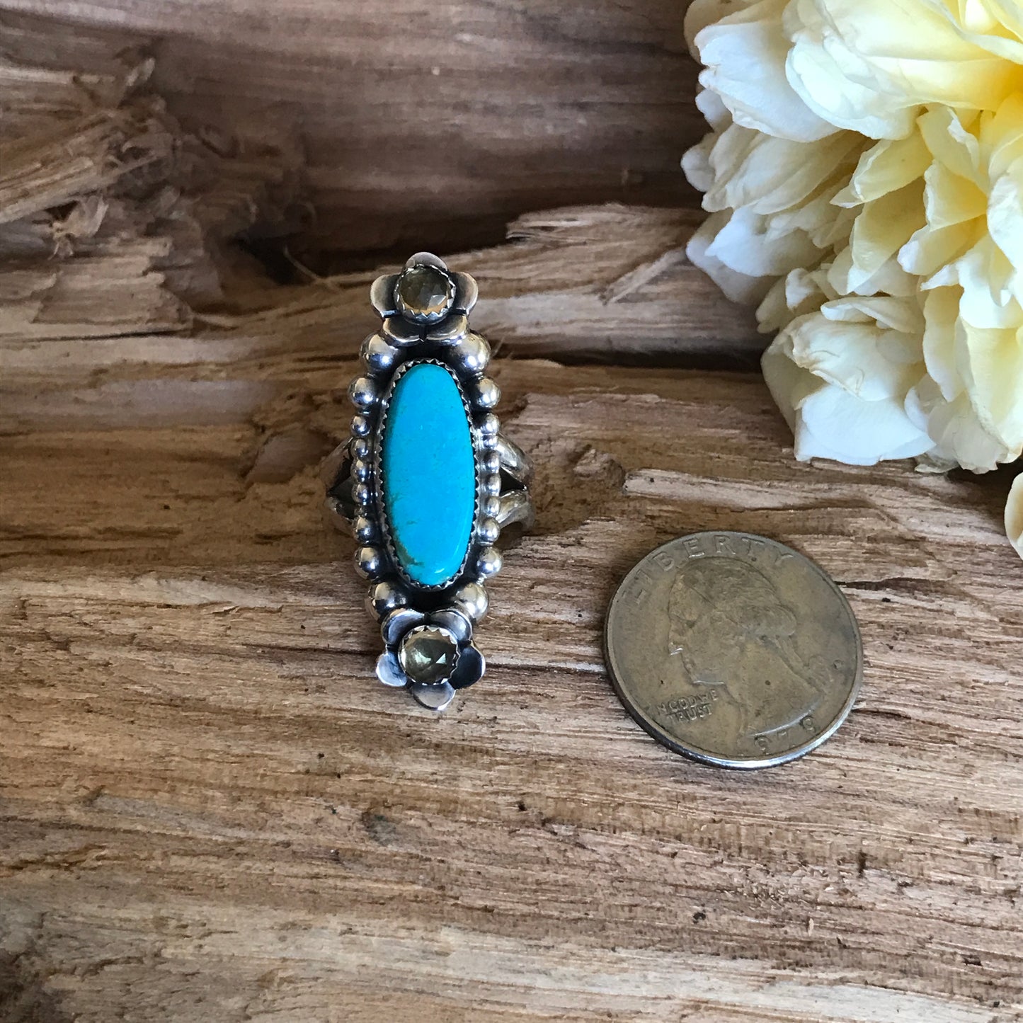 Kings Manassa Turquoise Ring with Citrine Wildflowers~ Sterling Silver~ Artisan Handmade~ Size 7 3/4