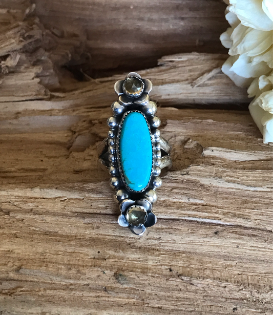 Kings Manassa Turquoise Ring with Citrine Wildflowers~ Sterling Silver~ Artisan Handmade~ Size 7 3/4