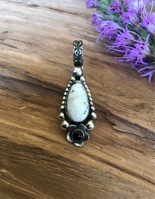 White Buffalo Turquoise pendant with a Black Onyx Wildflower~ Sterling Silver~ Artisan Handmade