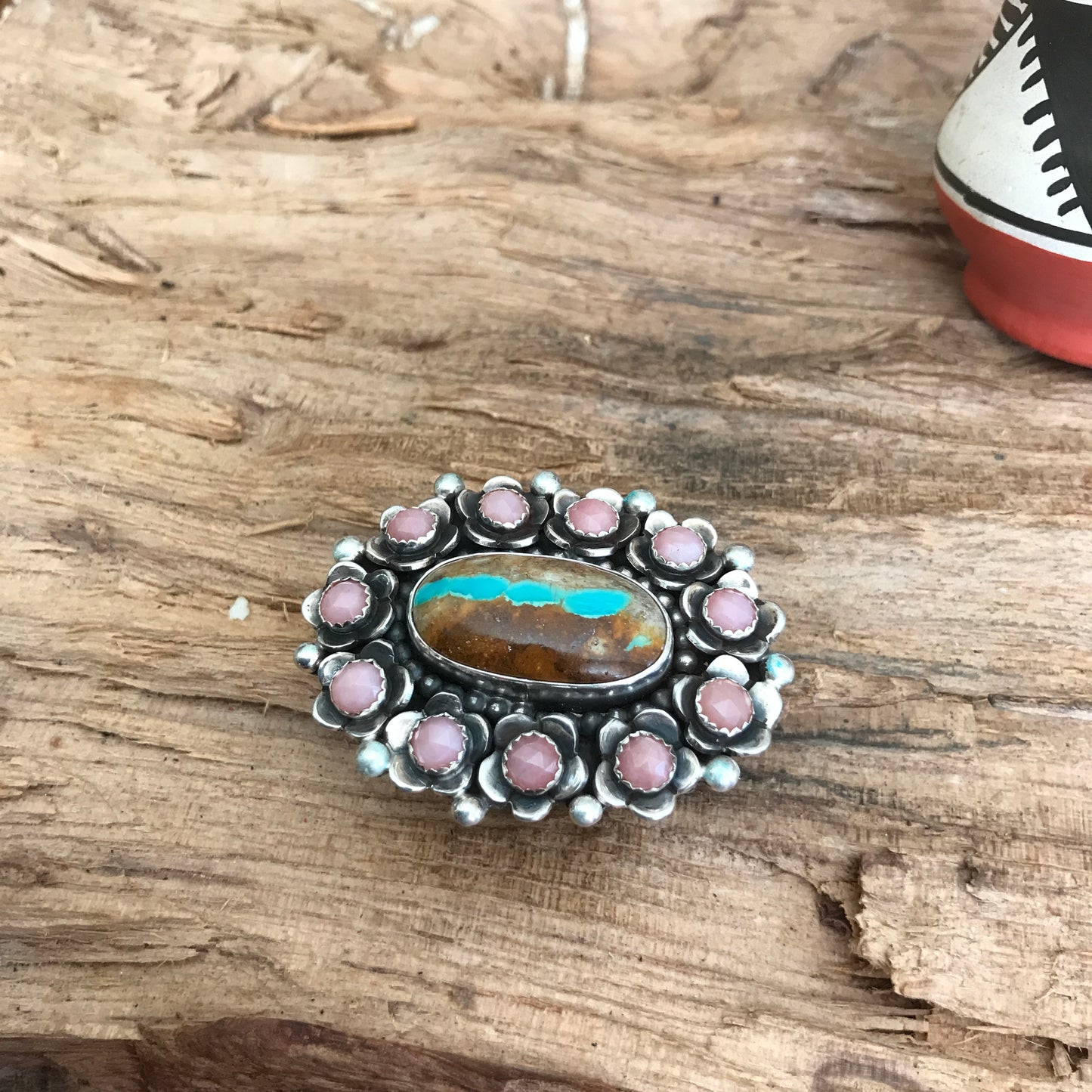 FLORA de SANTA FE Ring~Sterling Silver~ Royston Ribbon Turquoise and Pink Opal~ Artisan Handmade~ Size 8