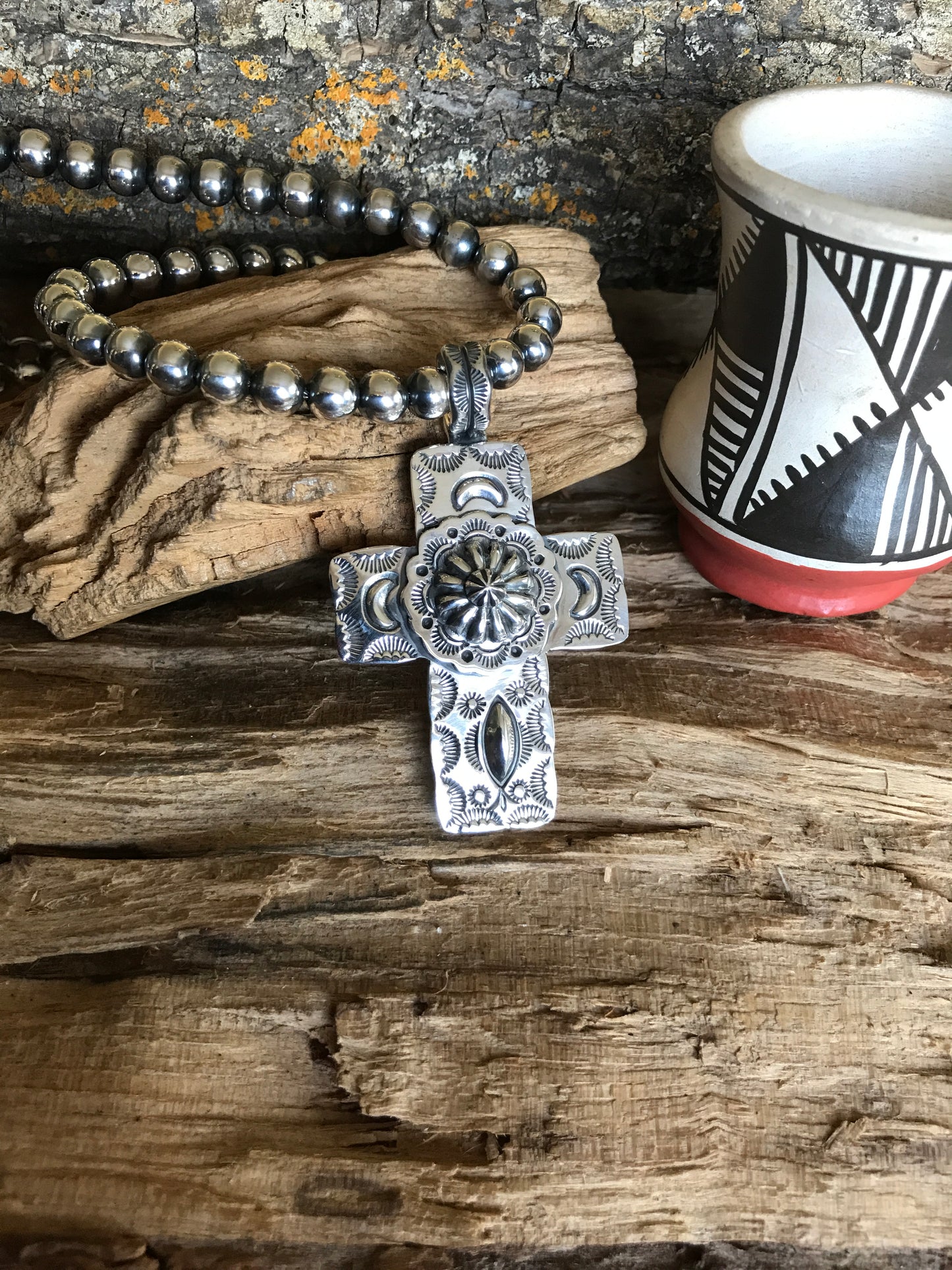 Cross Pendant~Sterling Silver~ Repousse Concho~ Artisan Handmade